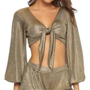 PilyQ NWT Women’s Size M L Gold Black Halsey Tie Front Long Sleeve Top